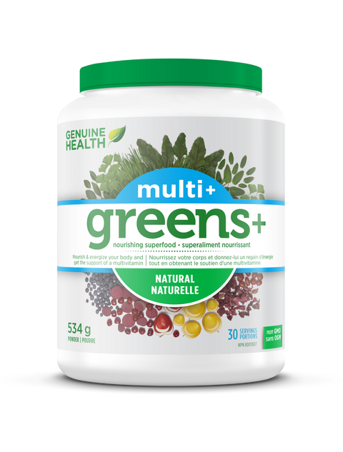 Expires April 2024 Clearance Genuine Health Greens+ Multi+ Natural 534g - YesWellness.com