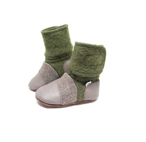 Nooks Design Booties Green/Brown with Tweed - Newborn