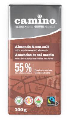 Camino Organic Almonds & Sea Salt with Whole Roasted Almonds 55% Cacao Dark Chocolate 12 x 100g - YesWellness.com