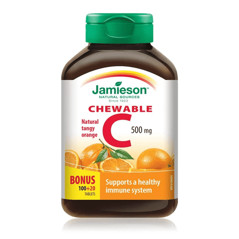 Jamieson Chewable C 500mg Natural Tangy Orange Bonus Size 100 + 20 Tablets - YesWellness.com