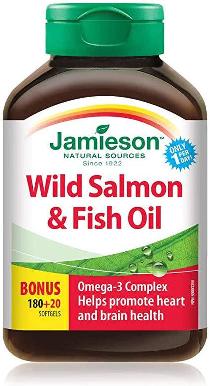 Expires July 2024 Clearance Jamieson Salmon & Fish Oils Omega-3 Complex Bonus 150+50 Softgels - YesWellness.com