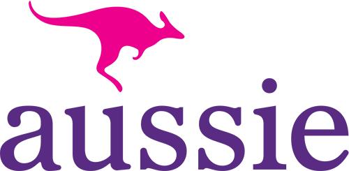 The Aussie logo features a pink kangaroo above the brand name "aussie," which is written in bold, lowercase purple letters with a clean and friendly style.