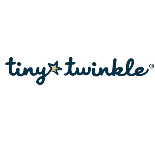 The Tiny Twinkle logo features the words “tiny twinkle” in a soft, handwritten-style dark blue font, with a small star symbol between the words, giving it a gentle, playful feel.
