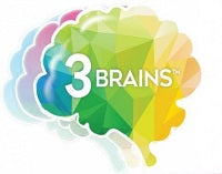 The 3 Brains logo shows a colorful geometric brain shape with overlapping hues and the text “3 BRAINS™” in white, symbolizing holistic mind-body health.