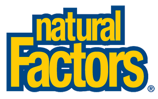 The Natural Factors logo displays the words “natural” above “Factors” in bold yellow letters with a dark blue outline, creating a clean and trustworthy look.