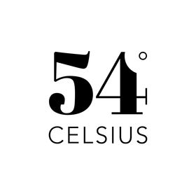 The 54 Celsius logo shows “54°” in bold serif font above “CELSIUS” in simple sans-serif letters, using a clean black-and-white design.