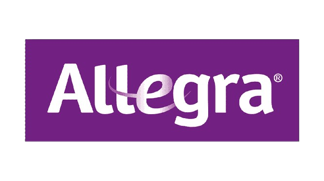 The ALLEGRA logo features the brand name “Allegra” in bold white letters on a purple background, with a soft, swirling ribbon design integrated into the letter "e."