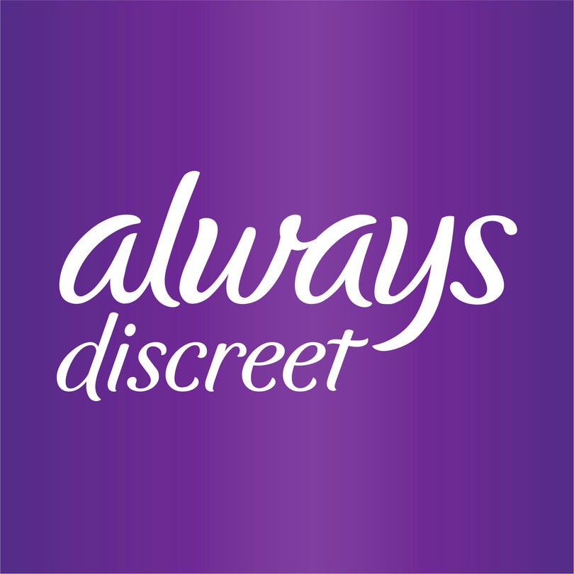 The Always Discreet logo shows white cursive text on a purple background, with “always” above “discreet,” reflecting softness and privacy.
