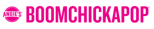 The Angie’s logo features the brand name “BOOMCHICKAPOP” in bold, uppercase, bright pink letters with a circular emblem to the left containing the word “Angie’s.”
