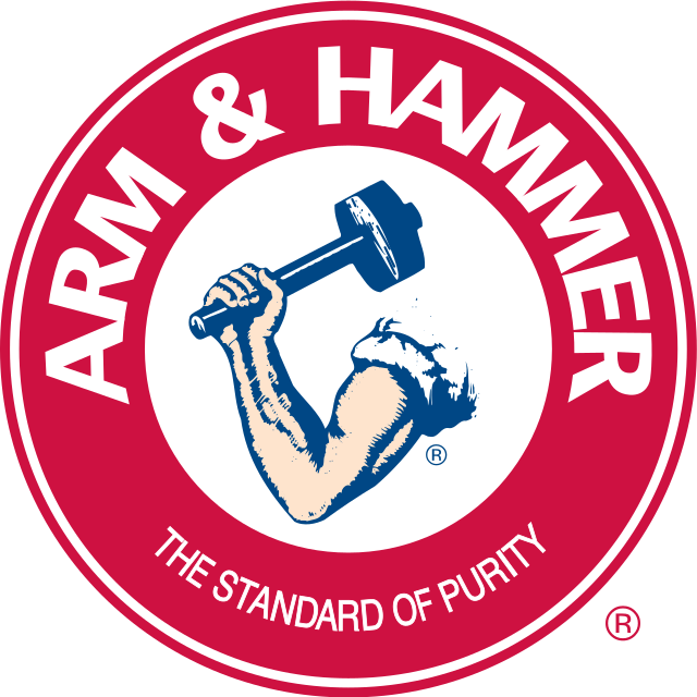 The Arm & Hammer logo features a muscular arm holding a hammer inside a red circle with white text reading "ARM & HAMMER" and "THE STANDARD OF PURITY."