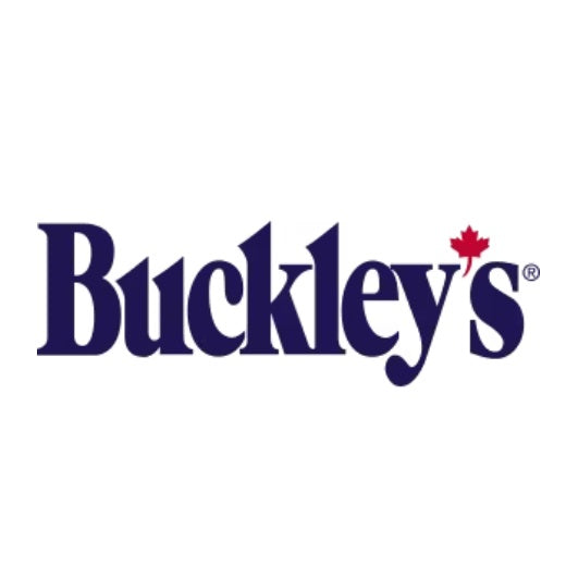 The BUCKLEY'S logo features bold dark blue text with a red maple leaf as the apostrophe, highlighting its Canadian heritage.