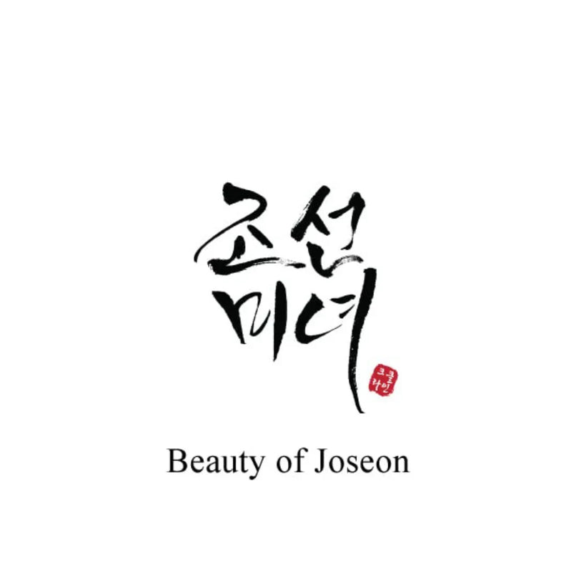 Black Korean calligraphy with a small red stamp above the words “Beauty of Joseon” in a clean serif font.