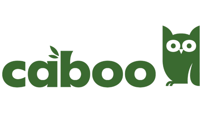 The Caboo logo shows green lowercase text with leaves on the “a” and an owl forming the last “o,” symbolizing eco-friendliness and nature.
