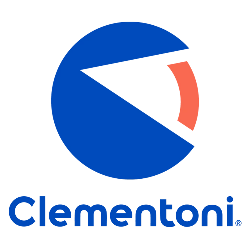 The Clementoni logo features a bold blue circular symbol with a black triangular cutout and orange accent beside the brand name “Clementoni” in rounded lowercase blue lettering, creating a modern and playful look.