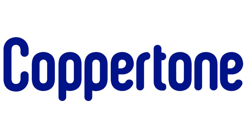 The Coppertone logo displays the brand name in bold, rounded blue letters, representing its identity as a trusted sun care brand.