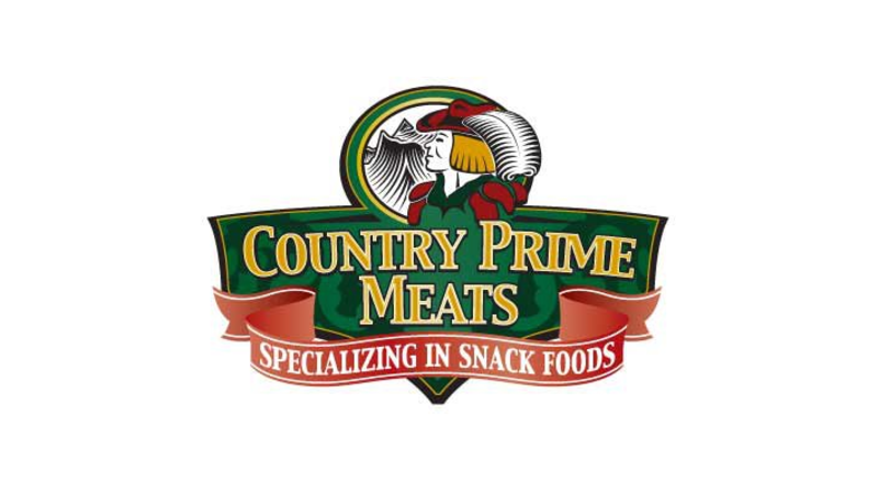 The Country Prime Meats logo shows the brand name in gold on a green banner, with a vintage figure above and a red ribbon below reading “Specializing in Snack Foods.”