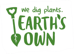 The Earth's Own logo shows green text with a shovel forming the letter “I,” symbolizing plant-based living and sustainability.