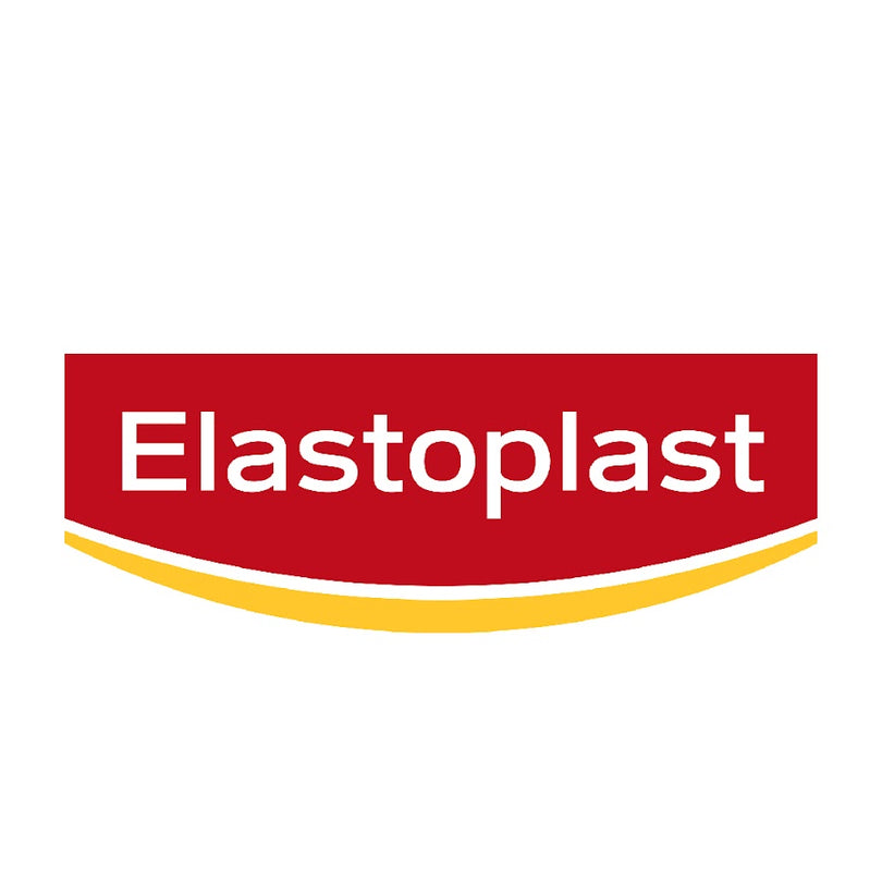 The Elastoplast logo features the brand name in white lowercase letters centered on a bold red rectangle, with a curved yellow underline below the text.