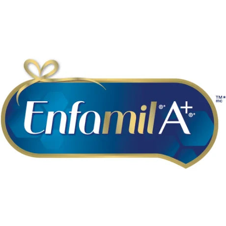 The Enfamil logo has a deep blue background with a gold outline, featuring "Enfamil" in white and gold, "A+" in white, and a gold ribbon accent.