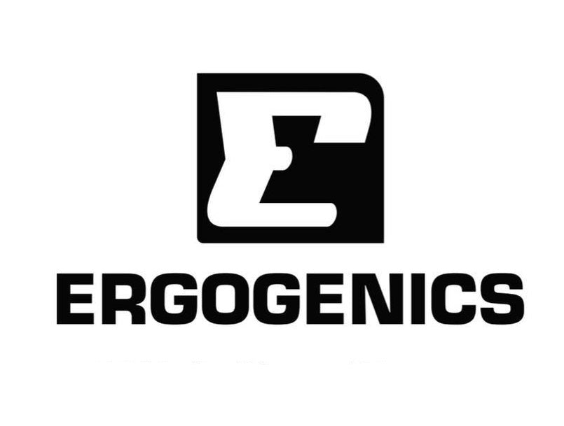 The Ergogenics logo features a bold, black design with a stylized letter “E” inside a solid square icon above the brand name “ERGOGENICS” in strong, uppercase lettering, giving a clean and powerful, performance-focused look.