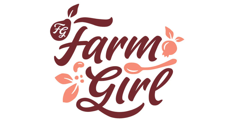 Farm Girl’s logo features a script-style “Farm Girl” with a spoon, fruit, and leaves, using warm red and peach tones for a natural, wholesome feel.