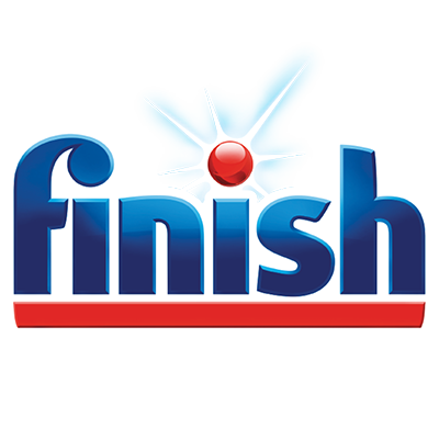 The Finish logo shows bold blue text with a red dot above the “i” and a radiant blue burst, symbolizing powerful dishwashing action.