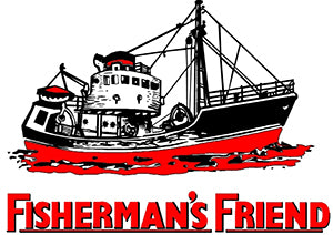 The Fisherman’s Friend logo depicts a fishing boat on red waves with the brand name in bold red uppercase letters, symbolizing its maritime heritage and throat lozenges.