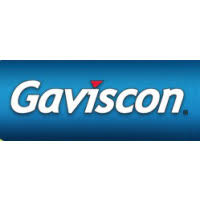 The GAVISCON logo displays white italicized text on a blue gradient background with a small red triangle above the “v.”