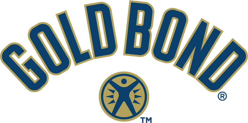 The Gold Bond logo features bold, arched blue letters with a gold outline and a circular emblem with a stylized human figure, symbolizing wellness and protection.