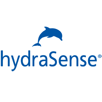A simple blue logo featuring a stylized dolphin shape above the word “hydraSense” in lowercase.