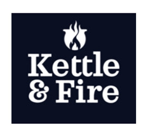 The Kettle & Fire logo shows white serif text with a flame rising from a kettle icon, set against a dark background to convey warmth and slow-cooked quality.