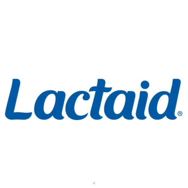 The LACTAID logo features bold blue text in a smooth, friendly font, highlighting trust and easy digestion.