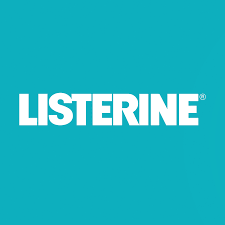 The LISTERINE logo features bold, uppercase white text on a bright blue background, creating a clean and professional look that reflects freshness and oral hygiene.