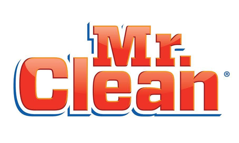 The Mr. Clean logo shows bold red text with white and blue outlines, stacked with “Mr.” on top and “Clean” below.