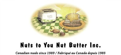 The Nuts to You logo shows a toaster, toast with nut butter, and scattered nuts on a green checkered table, with the text “Nuts to You Nut Butter Inc.” below.