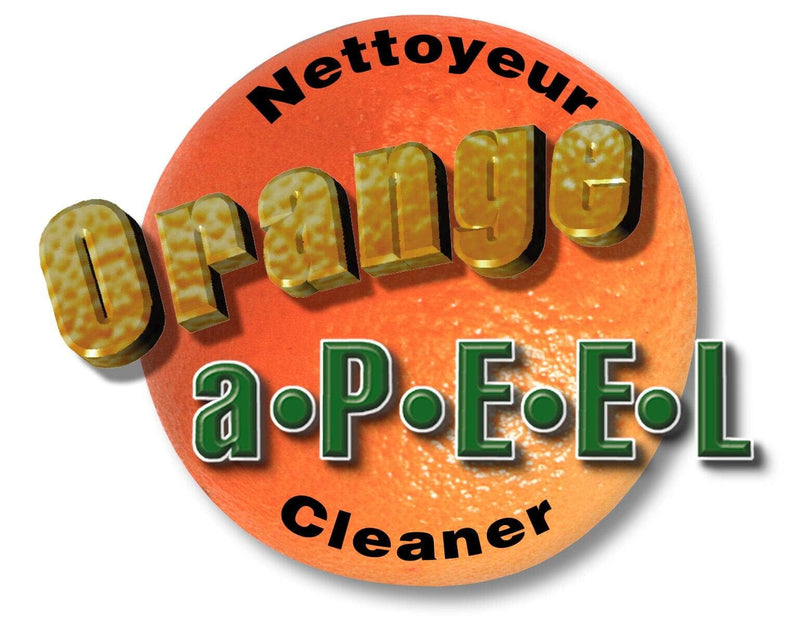 The Orange A-Peel logo shows a realistic orange with the words “Orange a·P·E·E·L” in large textured gold letters across it, “Nettoyeur” at the top, and “Cleaner” at the bottom.