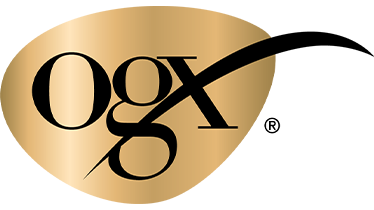 The OGX logo displays "OGX" in black serif font on a gold oval background, with a stylish curve extending from the "X."