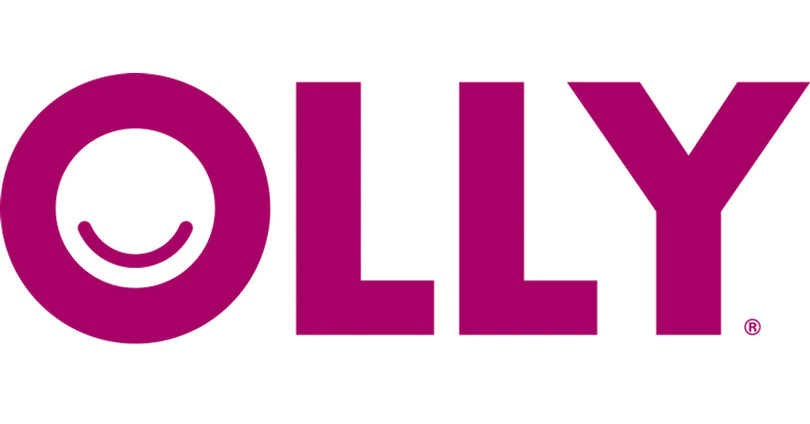 OLLY logo features bold, magenta-colored letters with a smiley face inside the “O,” symbolizing happiness, positivity, and the brand’s playful approach to wellness.