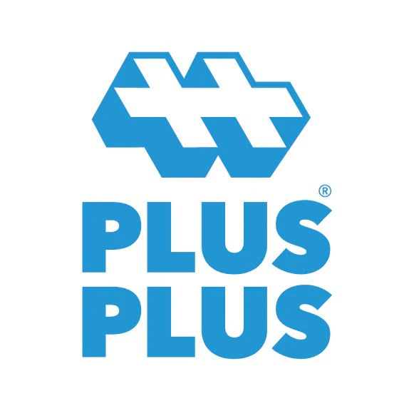 The Plus-Plus logo features a blue geometric symbol made of interlocking plus-shaped pieces above the words “PLUS PLUS” in bold blue uppercase letters.
