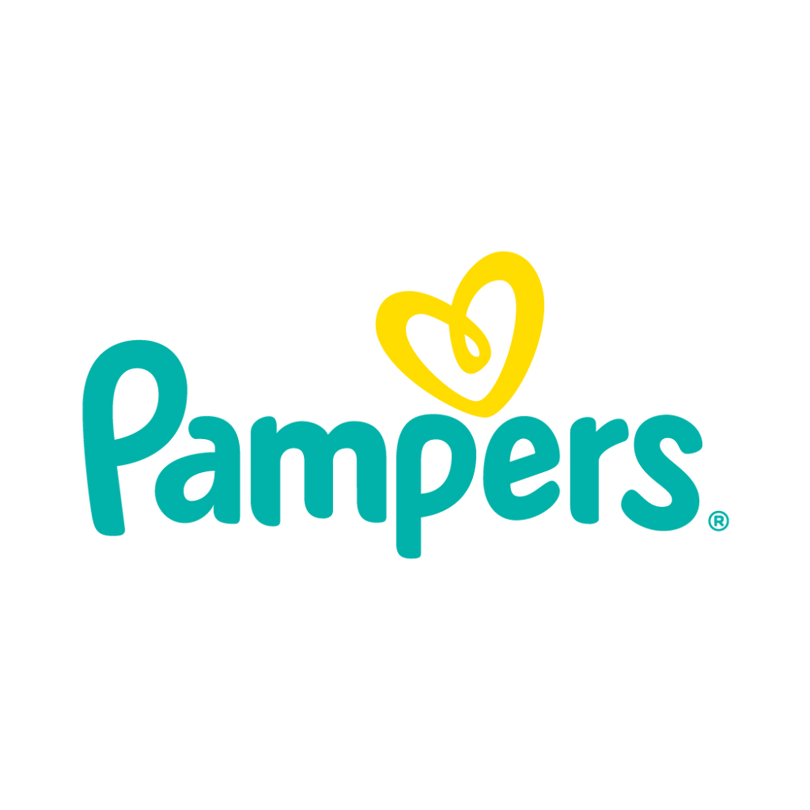 The Pampers logo shows the brand name in teal, rounded letters with a bright yellow heart above, symbolizing care and comfort.