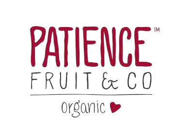 The Patience Fruit & Co. logo features red and black handwritten-style text with a small red heart, conveying an organic, friendly, and wholesome brand identity.