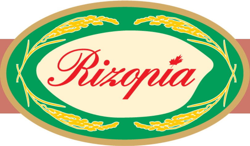 The Rizopia logo shows the red word “Rizopia” with a small maple leaf above the “i,” centered in a green oval framed by yellow rice stalks.