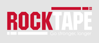 The Rock Tape logo shows bold red text “ROCKTAPE” with the tagline “Go stronger, longer” in gray, reflecting strength, motion, and athletic energy.