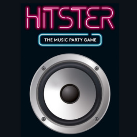 The Hitster logo features neon pink “HITSTER” text above a large silver speaker on a dark background with a music-party style design.