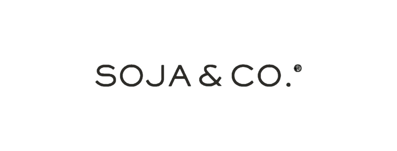 The Soja & Co. logo shows the brand name in simple, rounded black letters with a small registered trademark symbol on a white background.