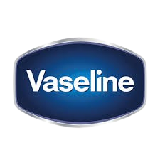 The Vaseline logo features the brand name in bold white letters centered on a dark blue, oval-shaped background with a silver border, conveying trust and care.