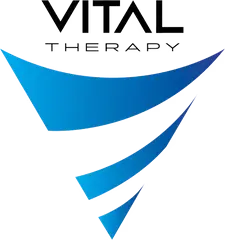 The Vital Therapy logo features the words “VITAL THERAPY” in white lettering above a stylized blue abstract swoosh or spiral shape, suggesting motion, energy, and therapeutic support.
