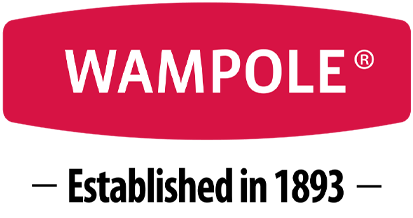 The Wampole logo features the word “WAMPOLE” in bold, white, uppercase letters centered inside a red, rounded rectangular shape with a small registered trademark symbol.
