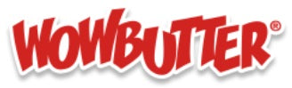 The WOWBUTTER logo features bold, red uppercase letters in a playful, slanted font, conveying energy and a fun, nut-free brand identity.
