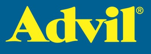 This is a logo image of Advil, a popular pain relief medication, featuring the word 'Advil' in bold, yellow font on a dark blue background.